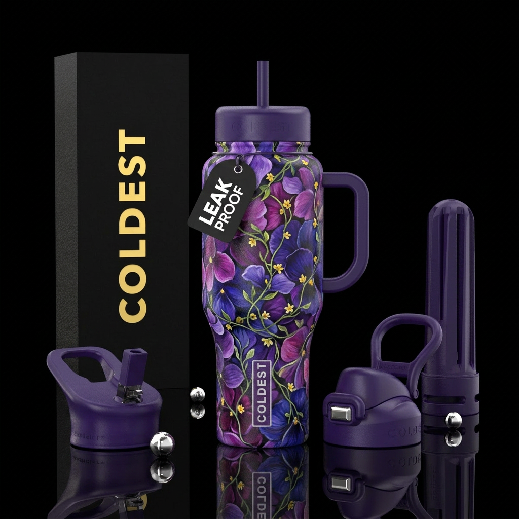 Mixed purple flower petals painting with vines,uni... water bottle design