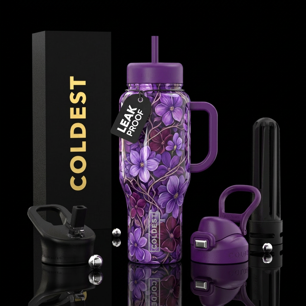 Mixed purple flower petals painting with vines,uni... water bottle design
