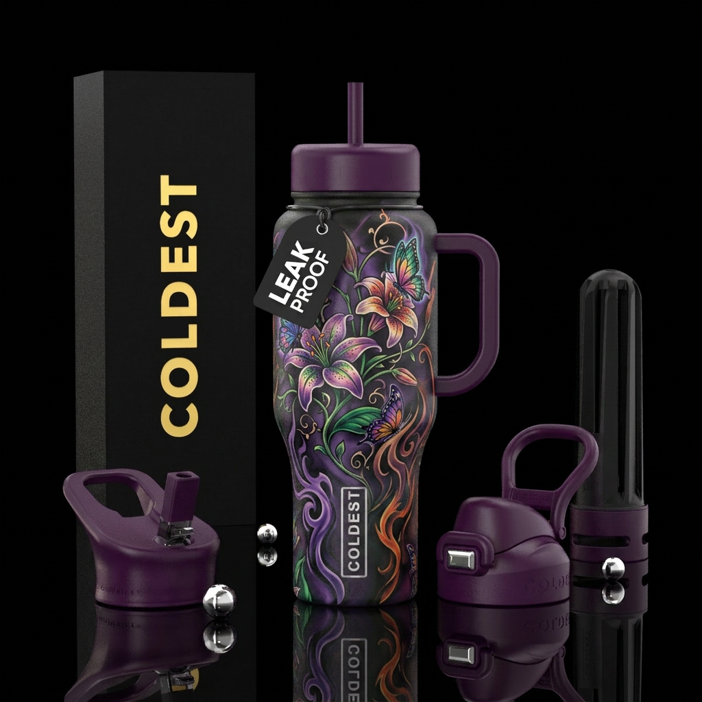 tattoo style lilies with butterfly's vines wrap ar... water bottle design