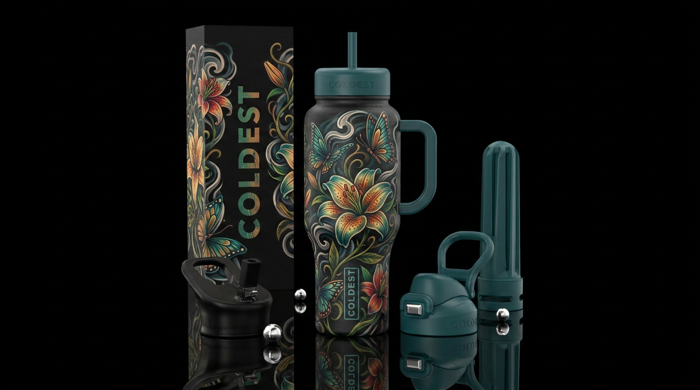 tattoo style lilies with butterfly's vines wrap ar... water bottle design