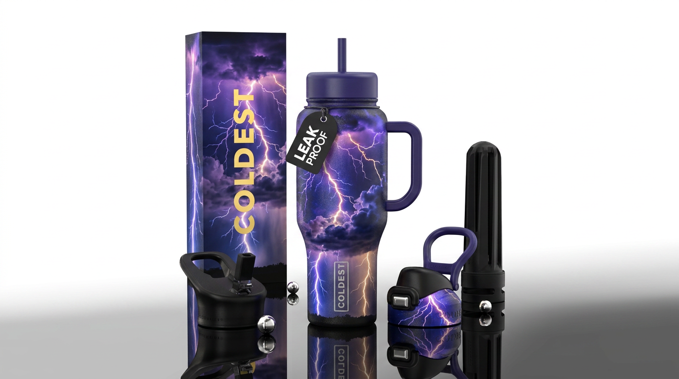 Thundering lightning storm, dark mood, luxurious, ... water bottle design