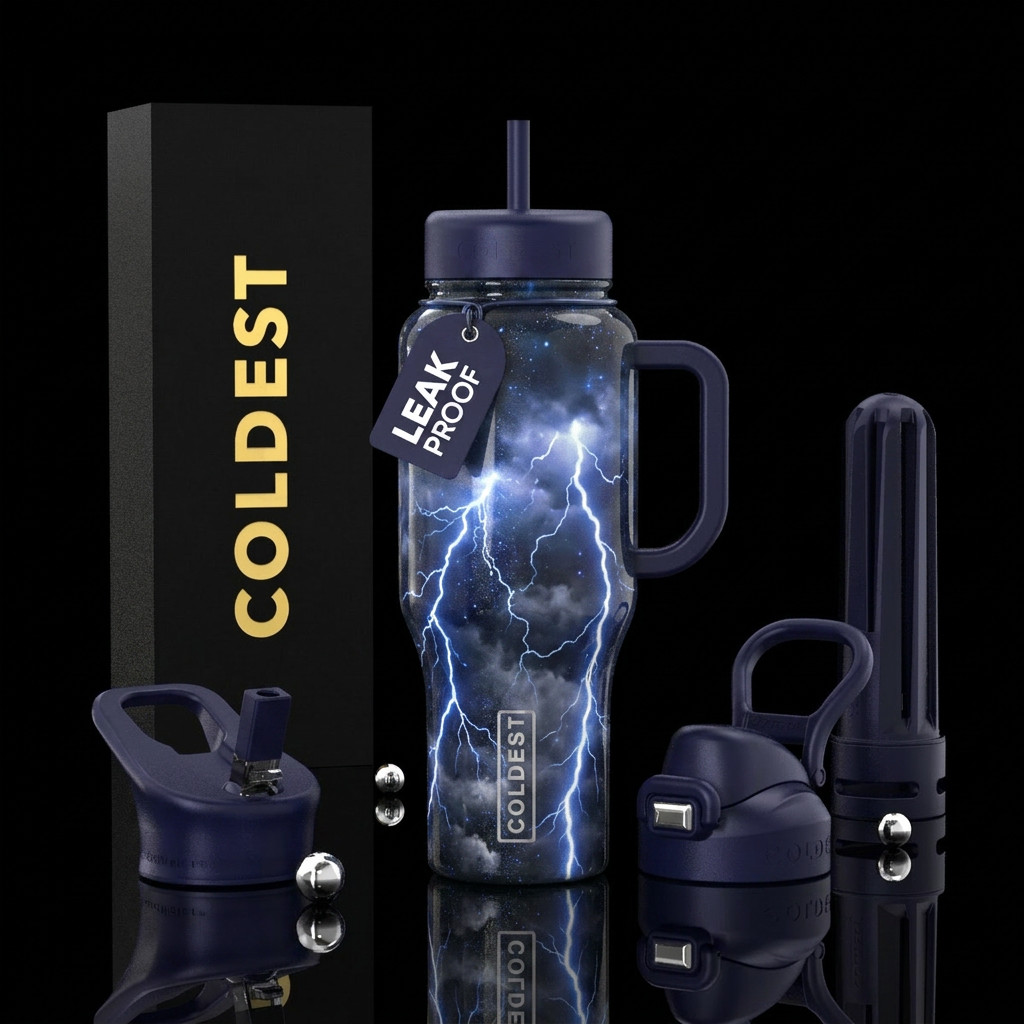 Thundering lightning storm, dark mood, luxurious, ... water bottle design