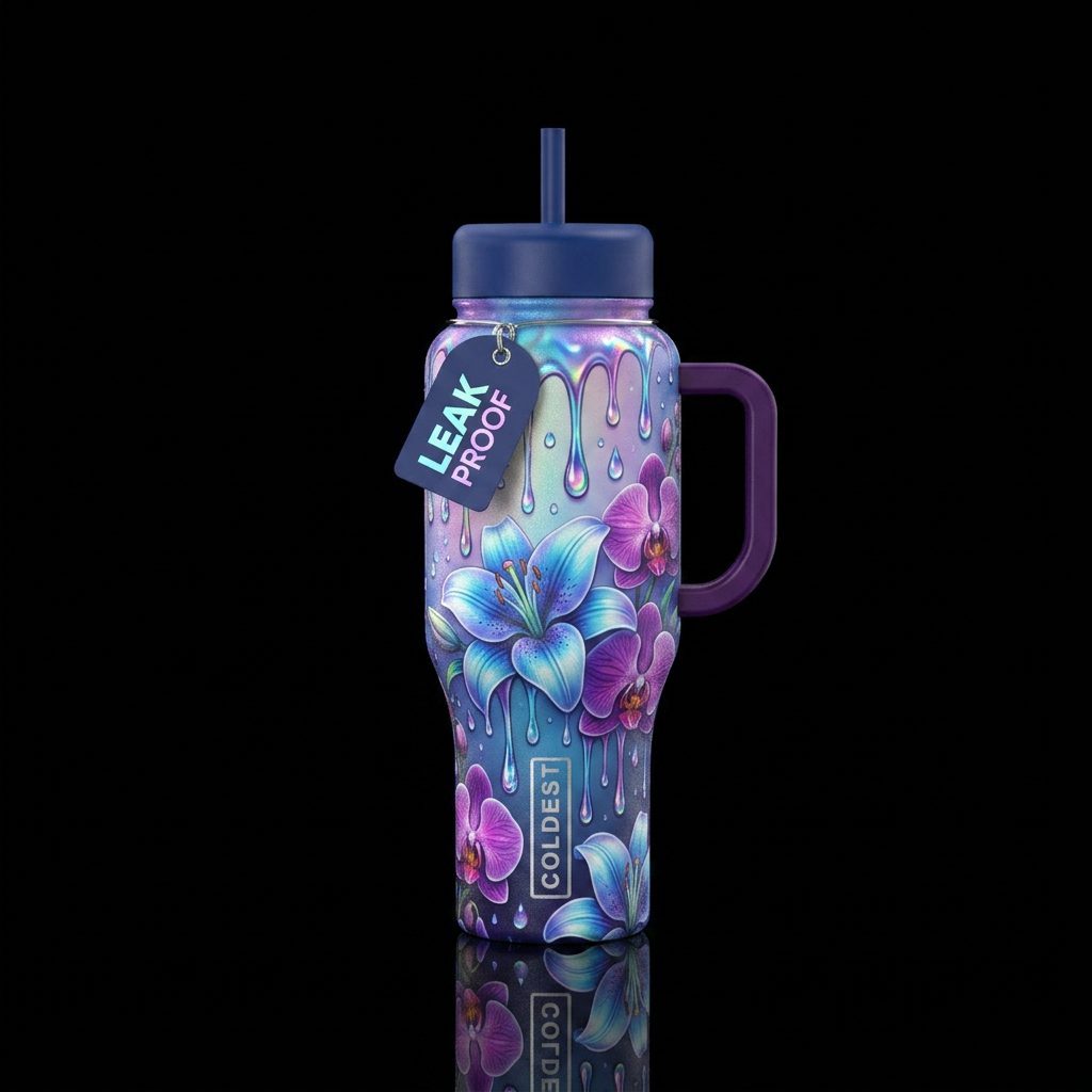 Irridescent rain drops dripping onto beautiul blue... water bottle design