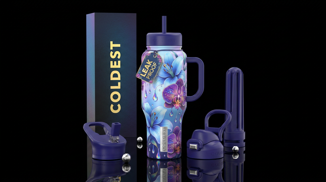 Irridescent rain drops dripping onto beautiul blue... water bottle design