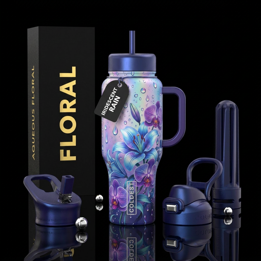 Irridescent rain drops dripping onto beautiul blue... water bottle design