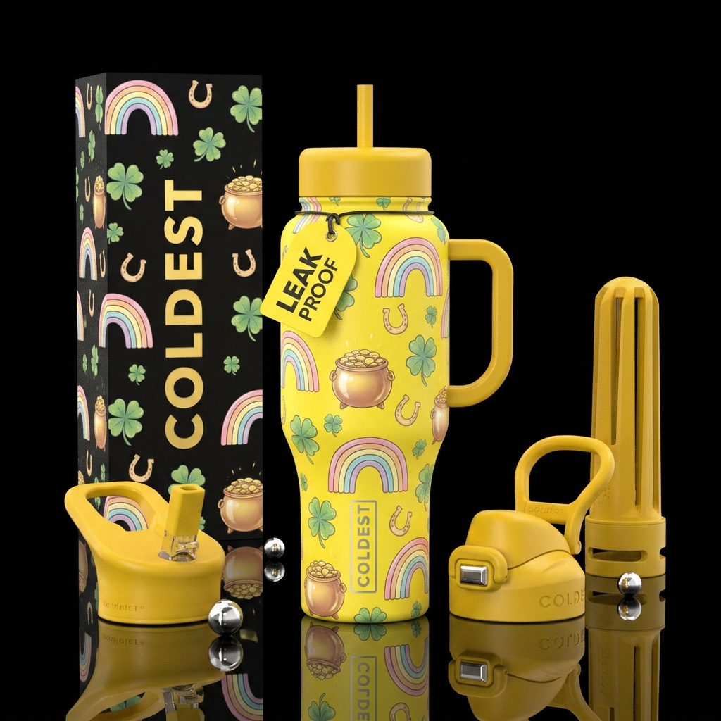 Bright pineapple yellow background with pastel rai... water bottle design
