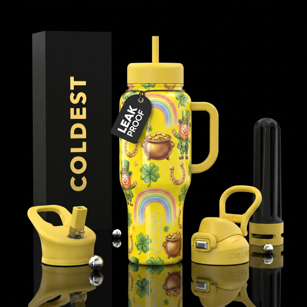 Bright pineapple yellow background with pastel rai... water bottle design