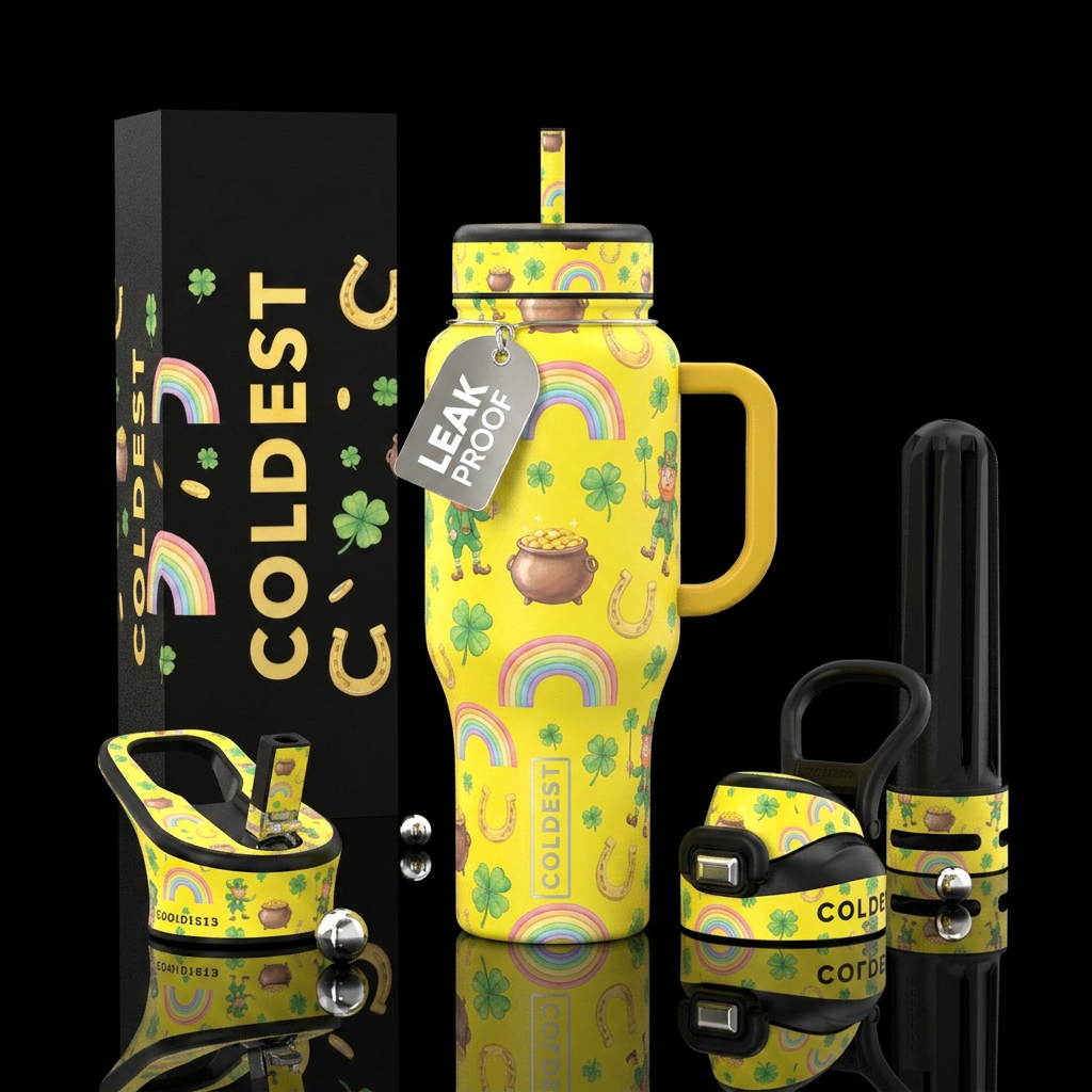 Bright pineapple yellow background with pastel rai... water bottle design