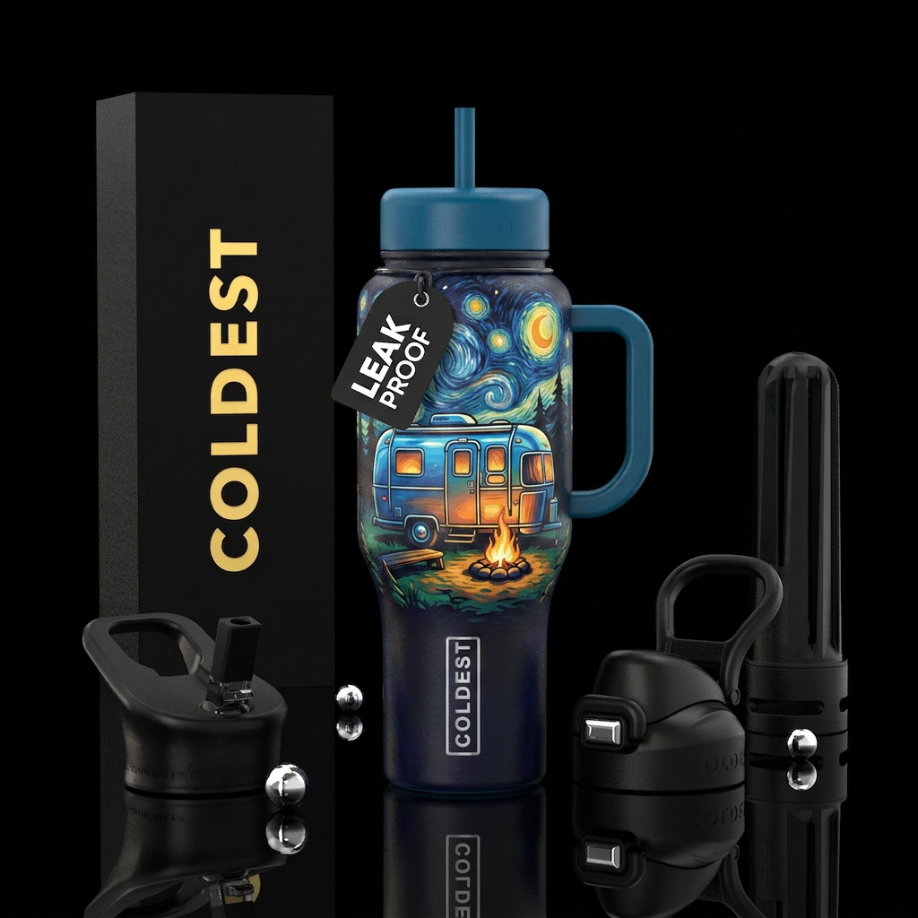 Cute camper and campfires starry night, inbued, lu... water bottle design