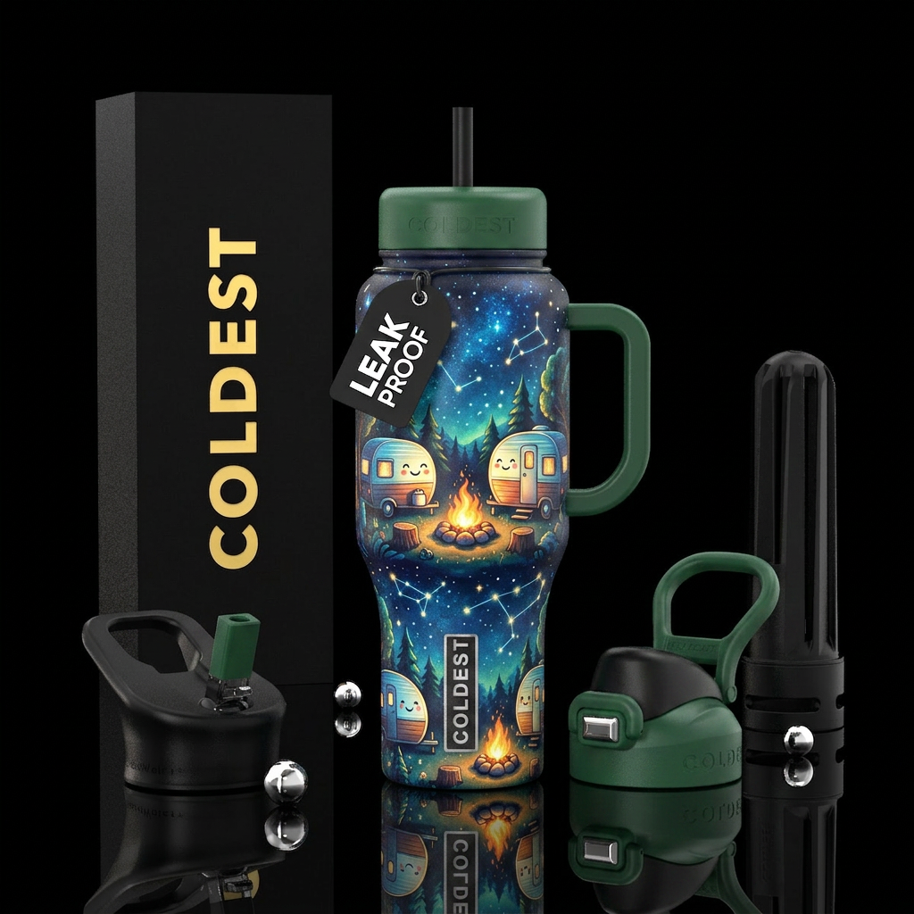 Cute camper and campfires starry night, inbued, lu... water bottle design