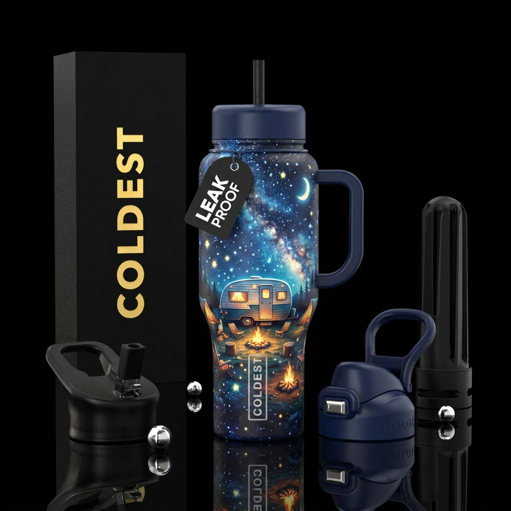Cute camper and campfires starry night, inbued, lu... water bottle design