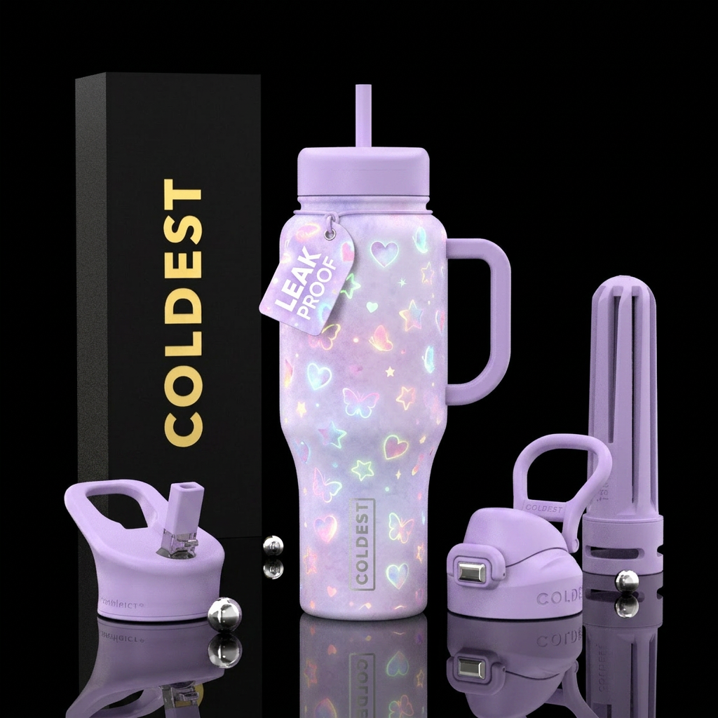 Light pastel purple background with hidden glowie ... water bottle design