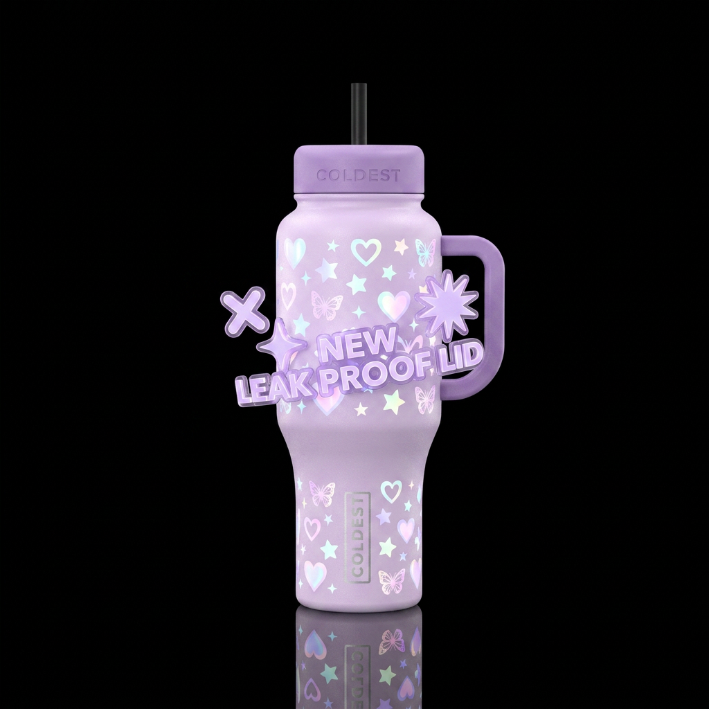 Light pastel purple background with hidden glowie ... water bottle design