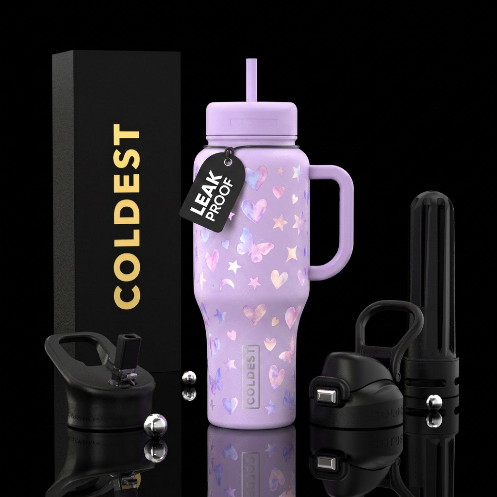 Light pastel purple background with hidden glowie ... water bottle design