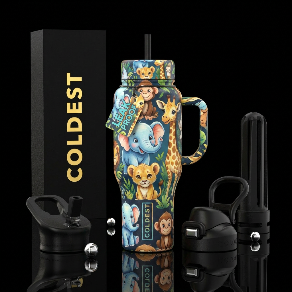 Baby zoo animals, luxurious, happy mood, modern, v... water bottle design