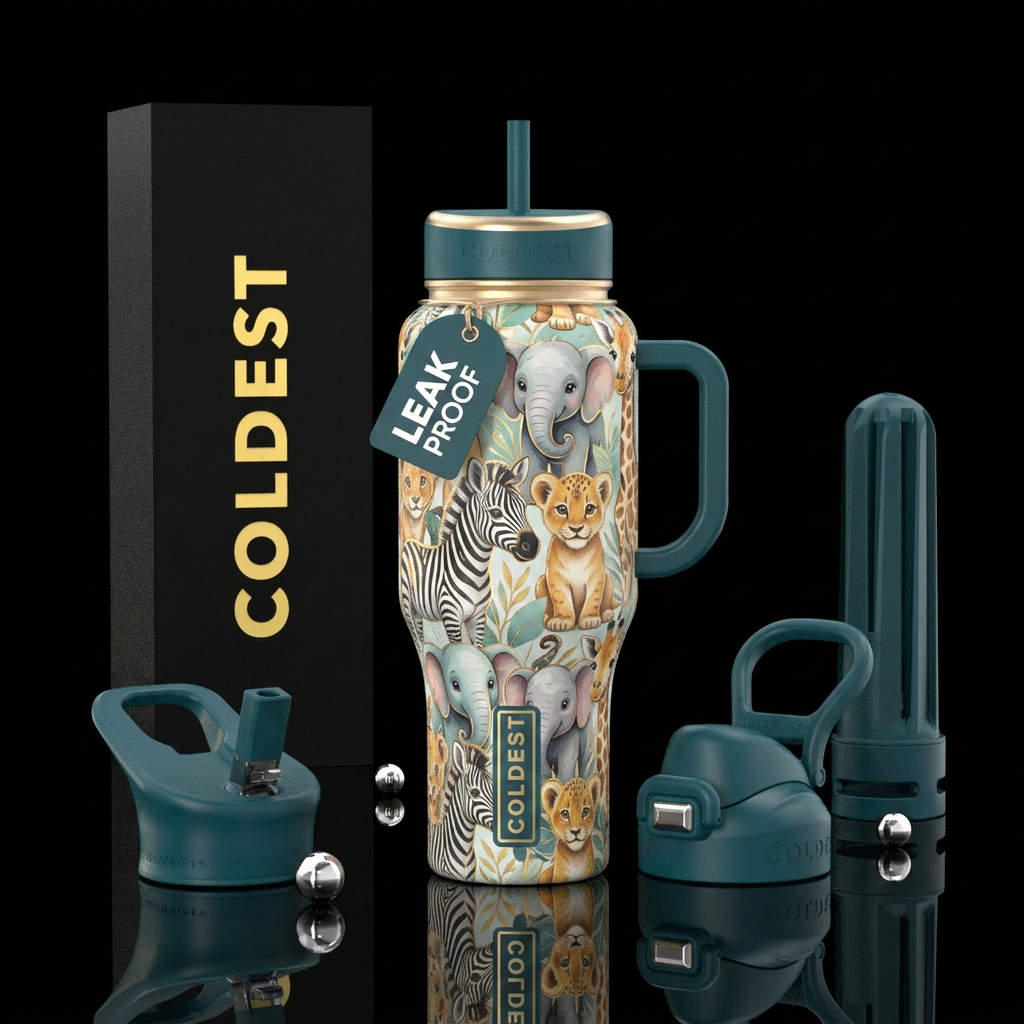 Baby zoo animals, luxurious, happy mood, modern, v... water bottle design