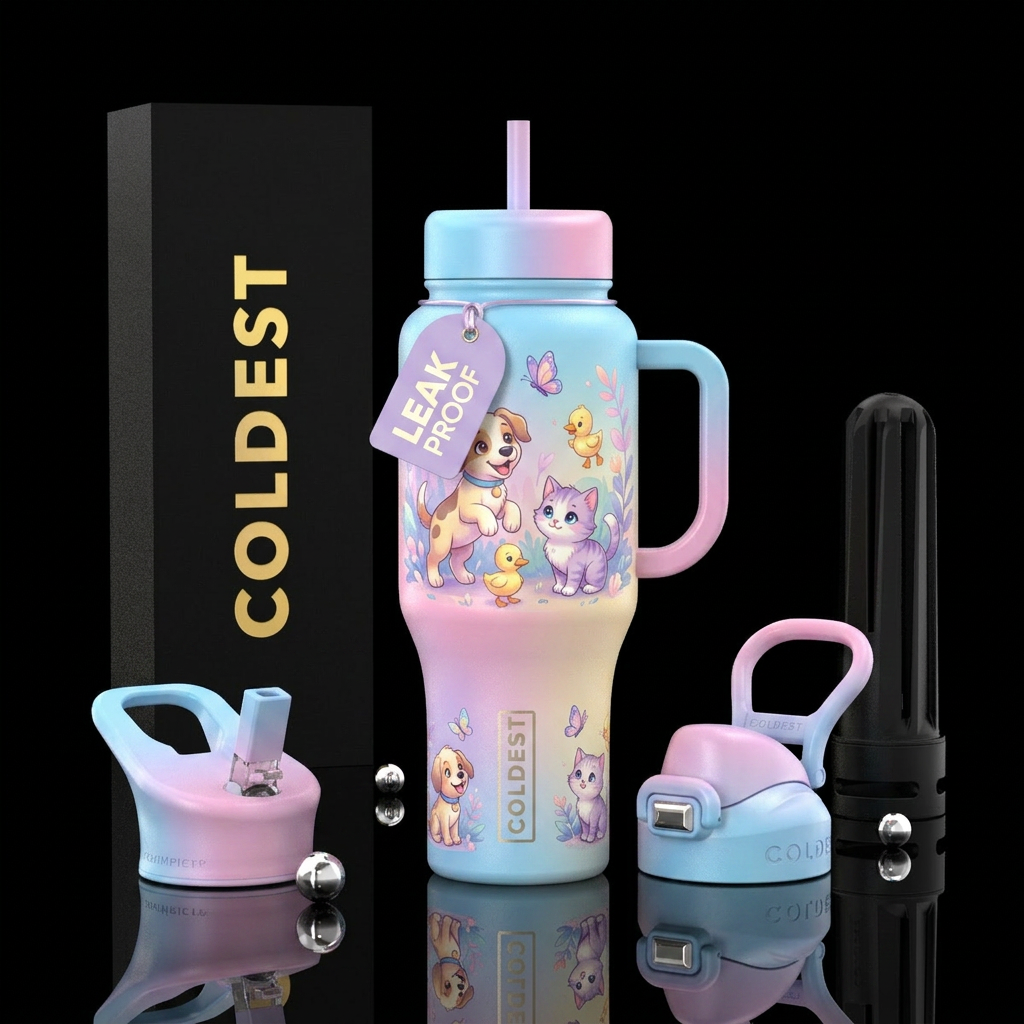 Cartoon style Playful puppies,kittens, ducklings a... water bottle design