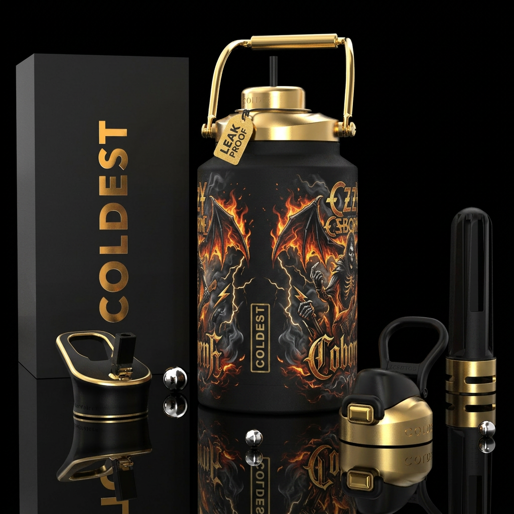 Ozzy Osborne inbued hard rock n roll, modern, dark... water bottle design