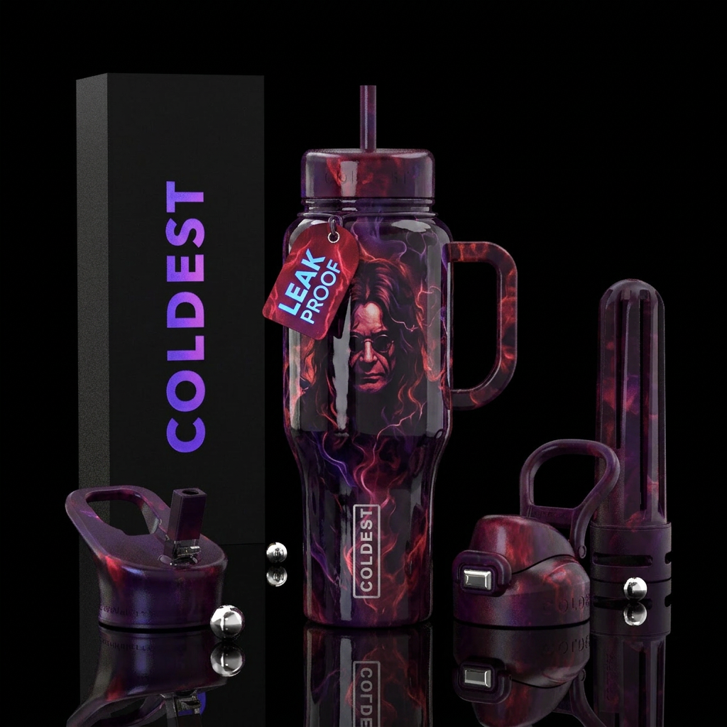 Ozzy Osborne inbued Prince of Darkness, stylistic,... water bottle design