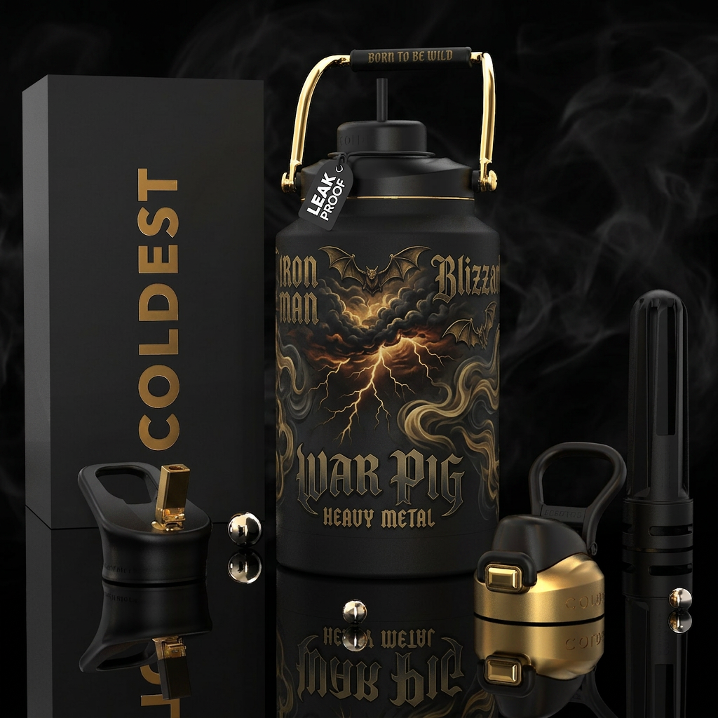 Ozzy Osborne inbued hard rock n roll, modern, dark... water bottle design