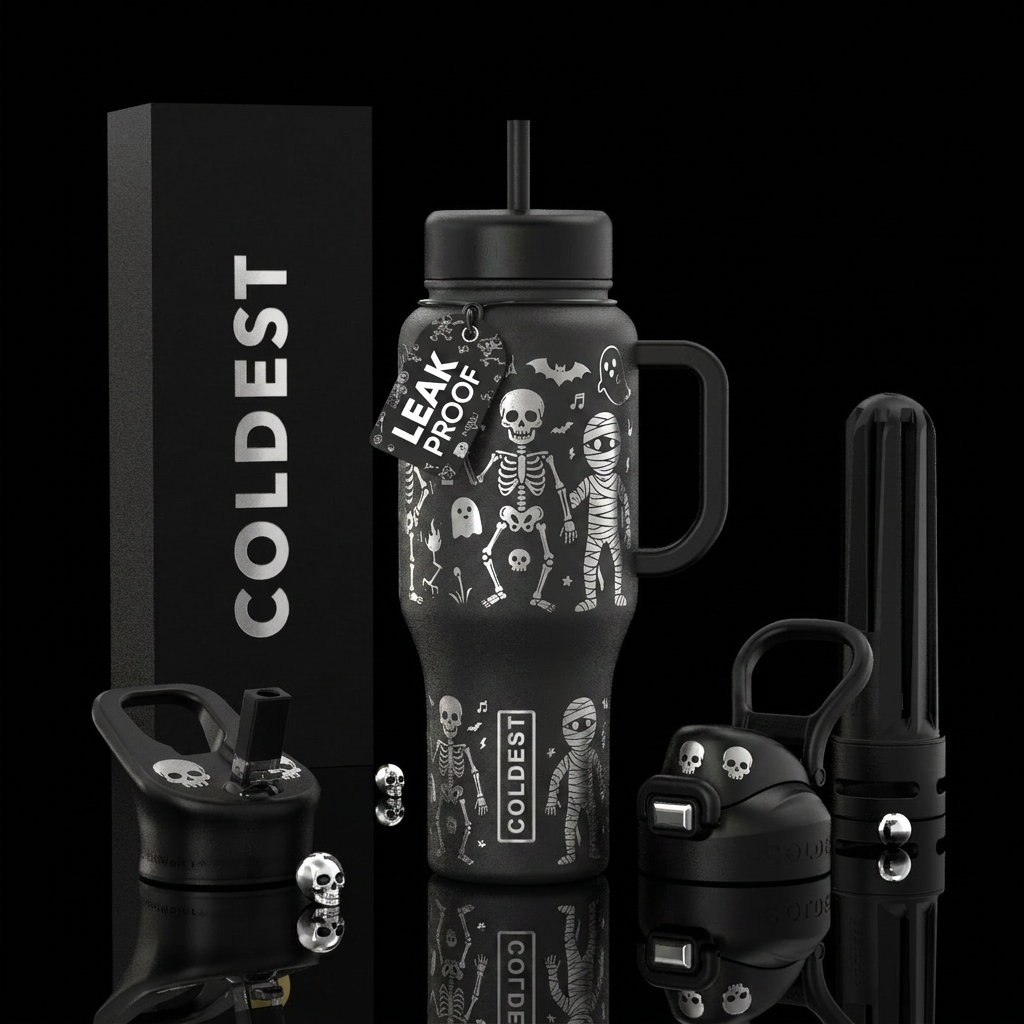Matte black background with cartoon style shiny sl... water bottle design
