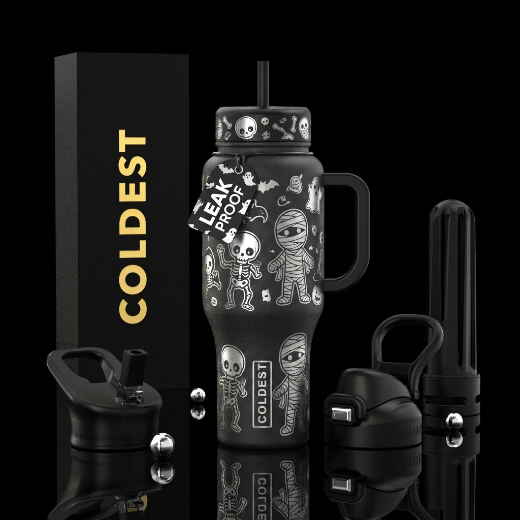 Matte black background with cartoon style shiny sl... water bottle design
