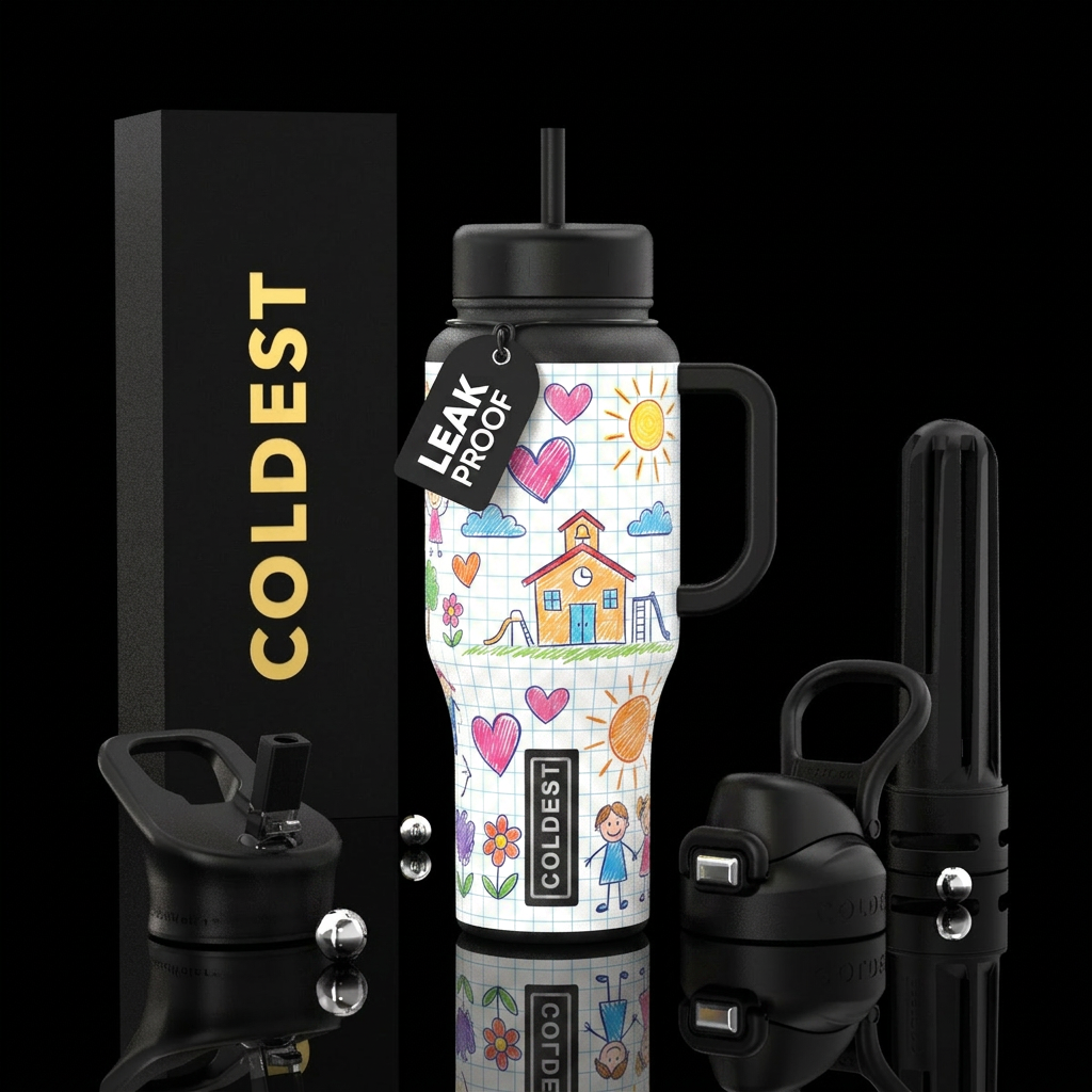 Background like notebook paper with child like dra... water bottle design