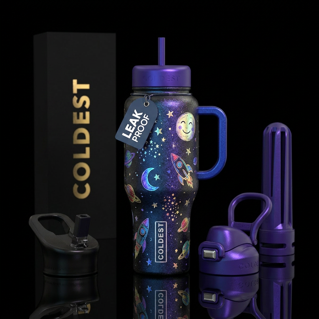 Chilk like drawings of space ship stars and moon o... water bottle design