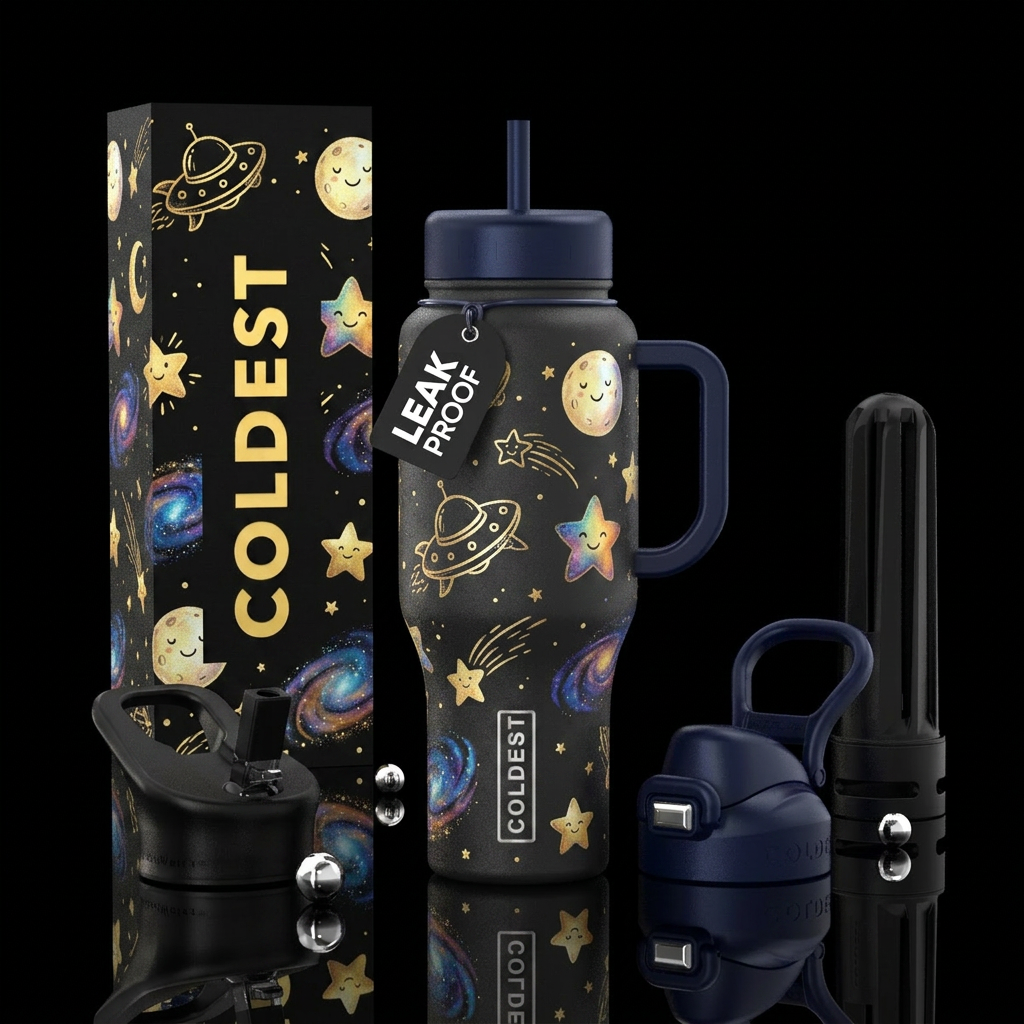 Chilk like drawings of space ship stars and moon o... water bottle design
