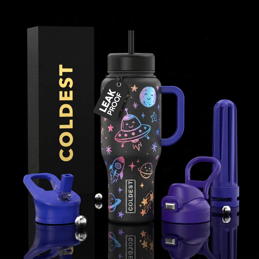 Chilk like drawings of space ship stars and moon o... water bottle design