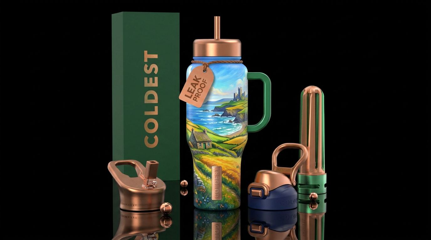 Ireland costal countryside, beautiul, vibrant, mag... water bottle design