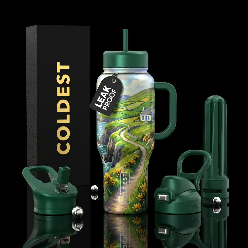 Ireland costal countryside, beautiul, vibrant, mag... water bottle design