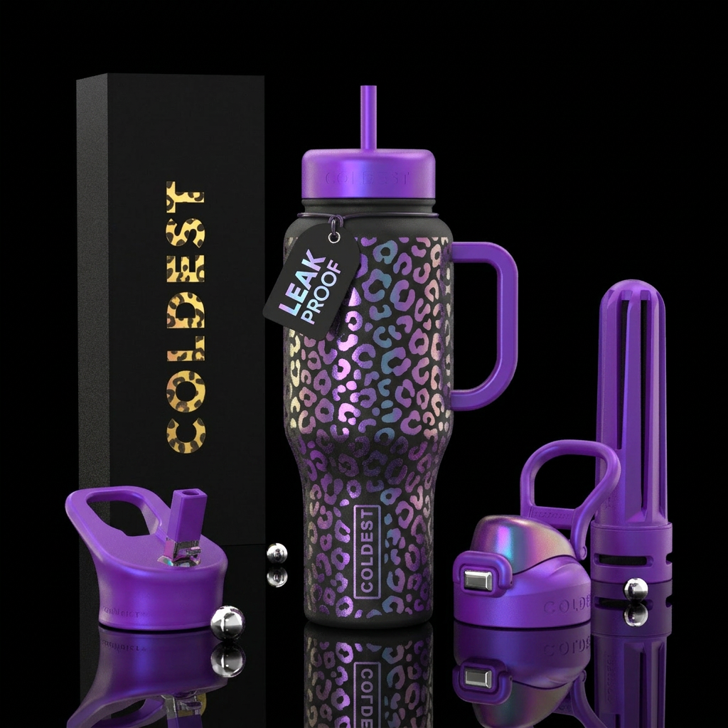 Purple irridescent, cheetah print, luxurious, vibr... water bottle design