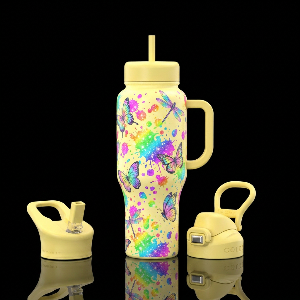 Butter yellow colored background neon rainbow pain... water bottle design