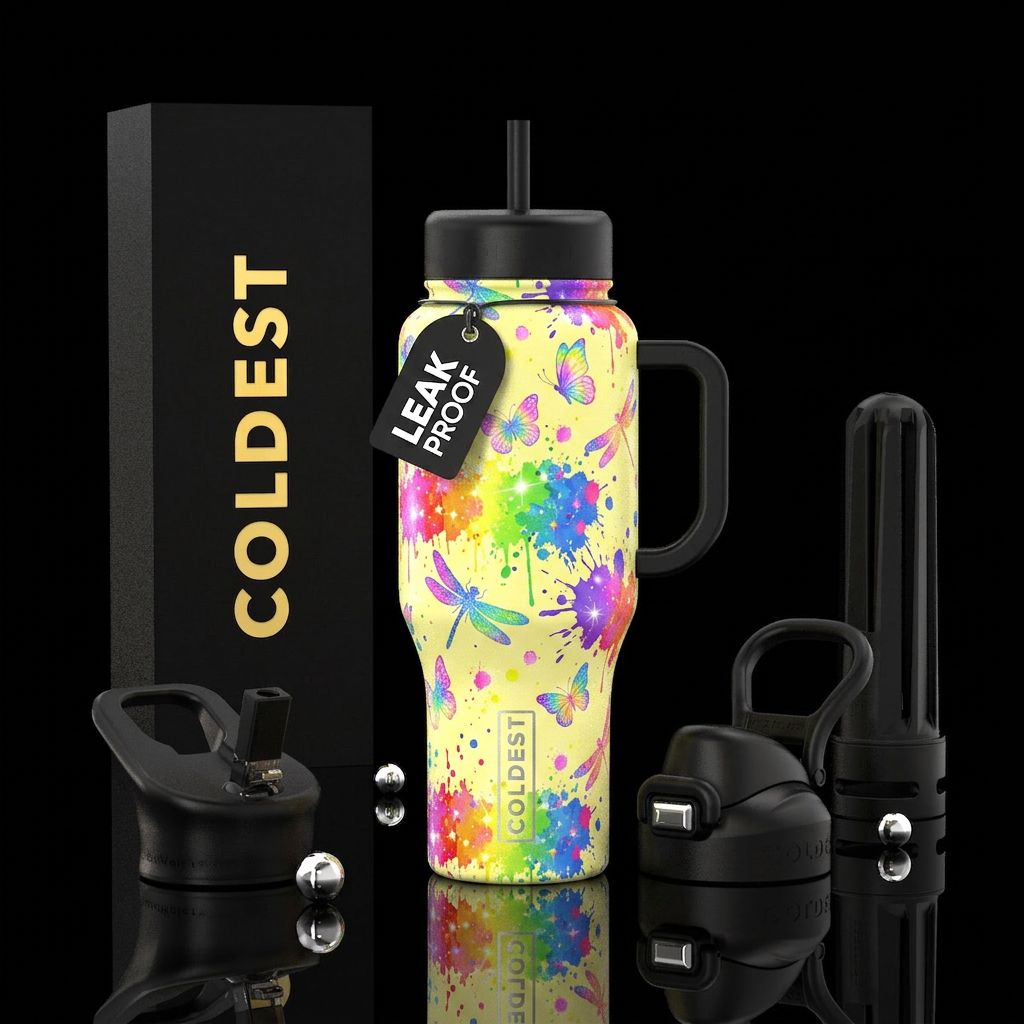 Butter yellow colored background neon rainbow pain... water bottle design