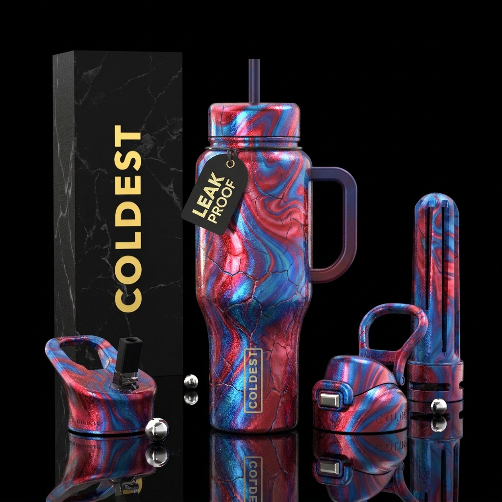 Opalescent marbled cracked metallic candy apple re... water bottle design