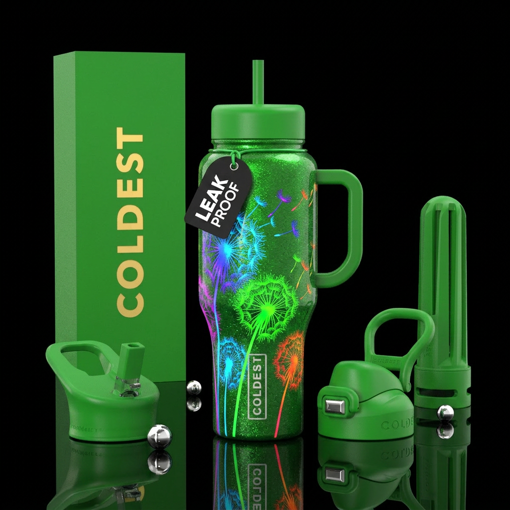 Dandelions bright neon colors blowing in the wind ... water bottle design