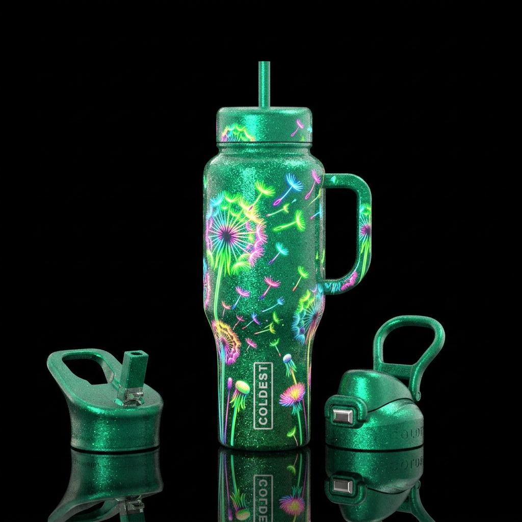 Dandelions bright neon colors blowing in the wind ... water bottle design