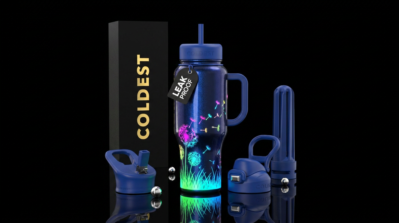 Dark Colbolt metallic blue background with bright ... water bottle design