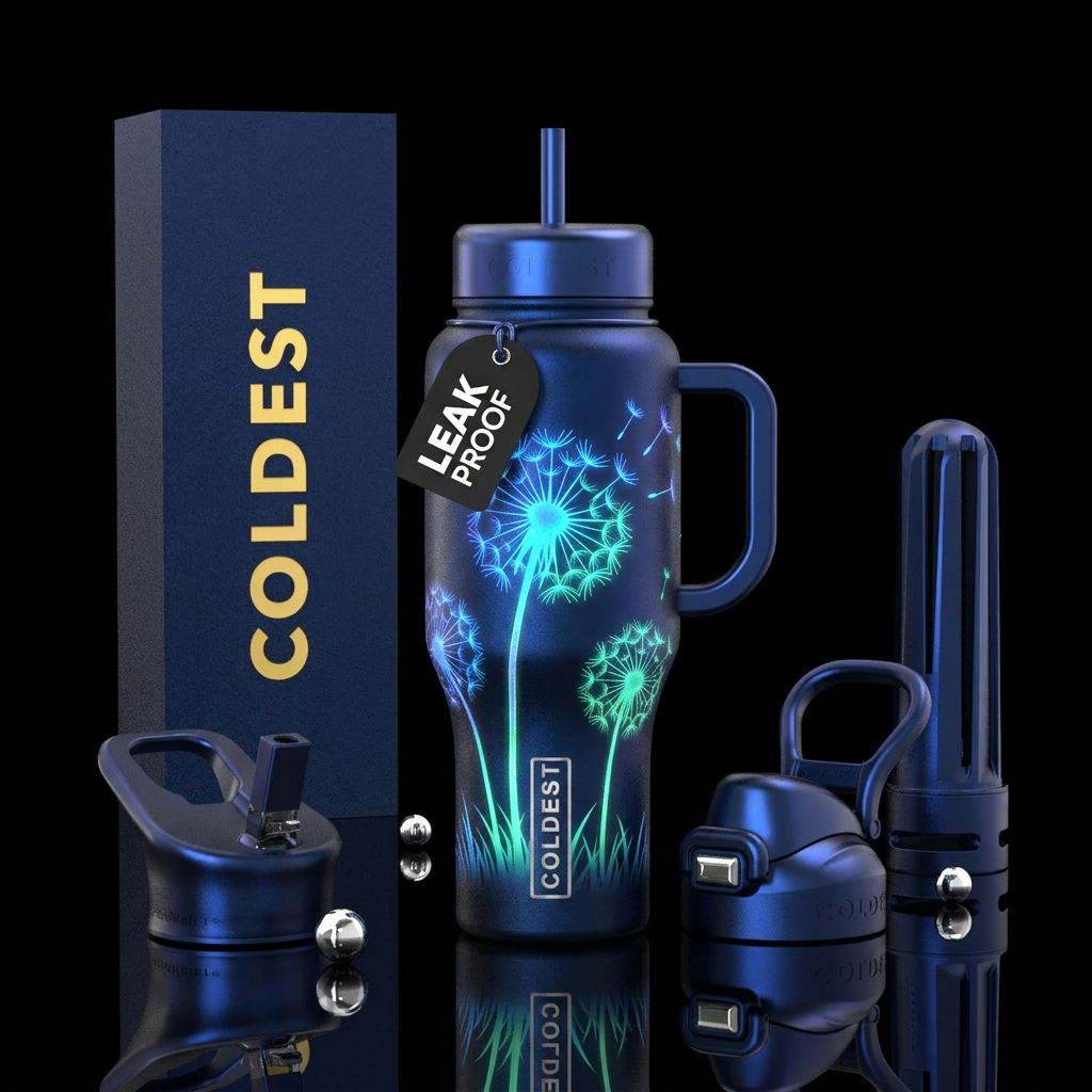 Dark Colbolt metallic blue background with bright ... water bottle design