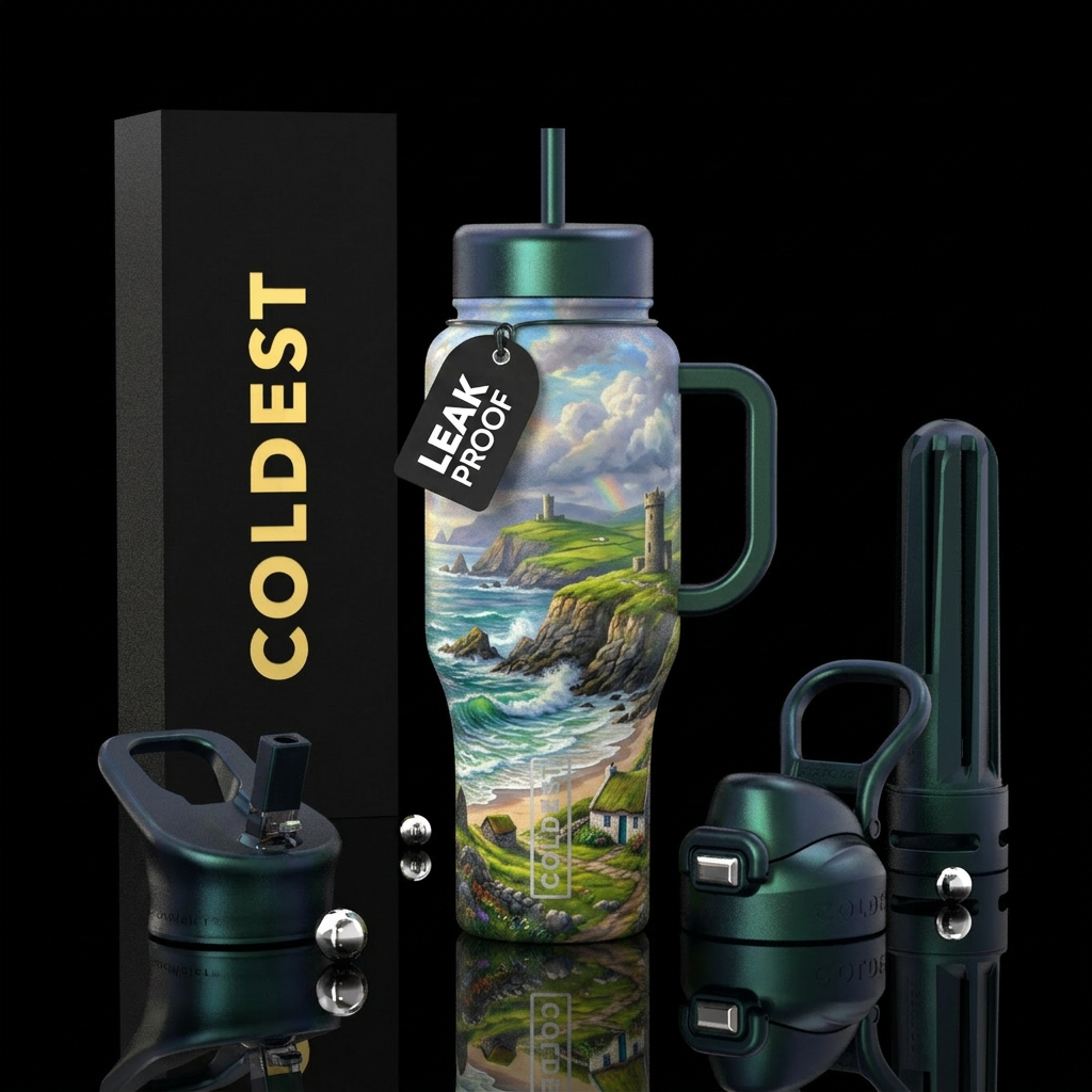 Ireland coastal view painting, luxurious, whimsica... water bottle design