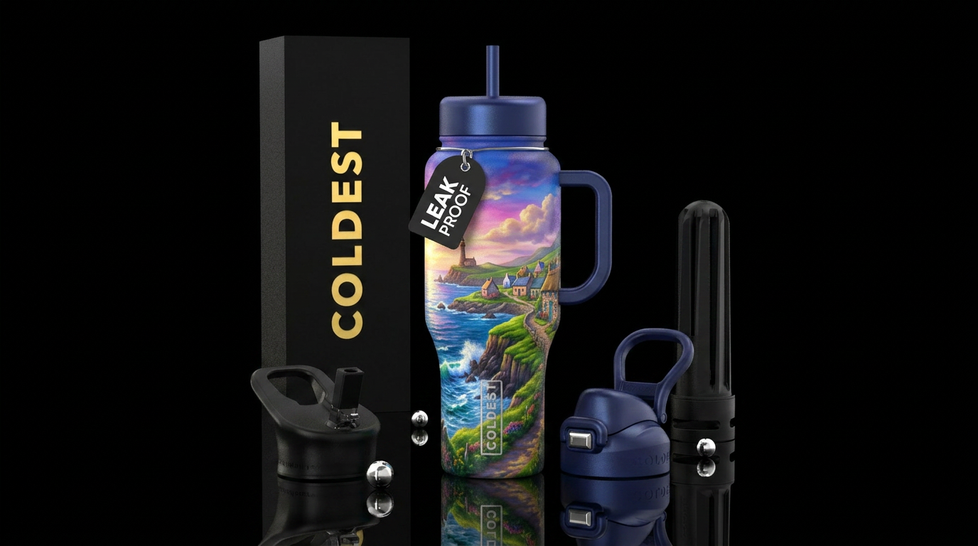 Ireland coastal view painting, luxurious, whimsica... water bottle design