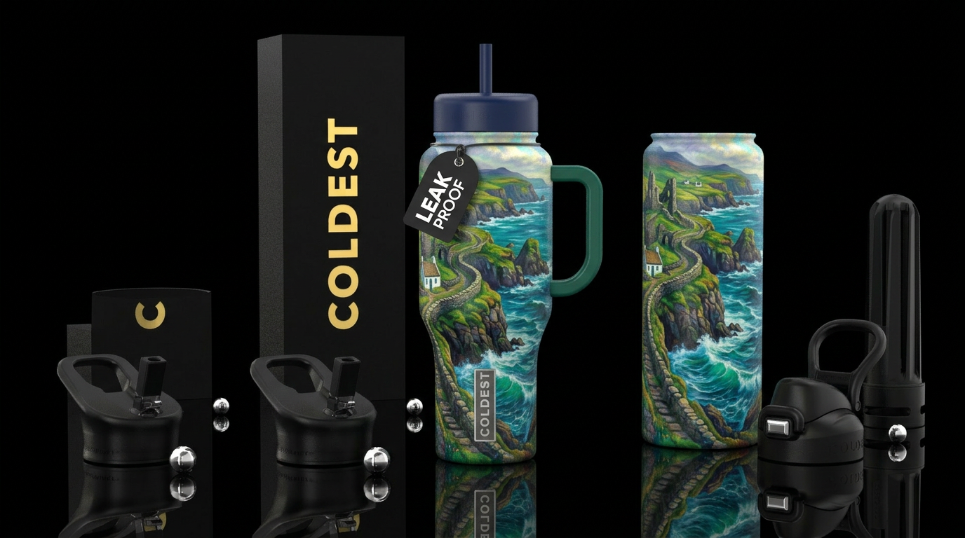 Ireland coastal view painting, luxurious, whimsica... water bottle design
