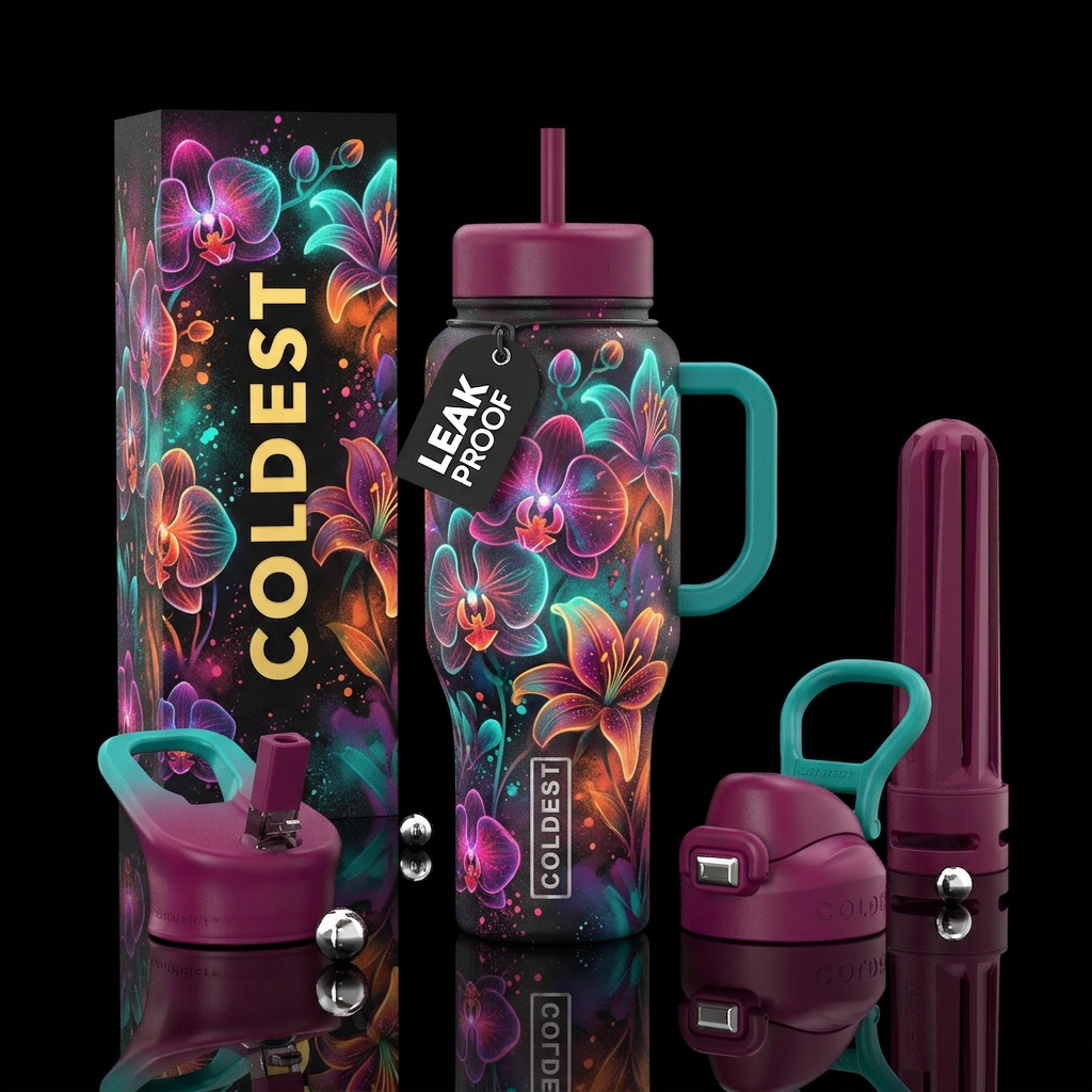 Abstract orchids and lilies spray paint splattered... water bottle design