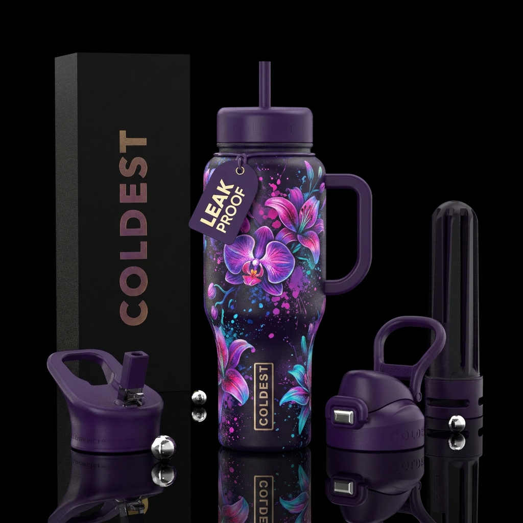 Abstract orchids and lilies spray paint splattered... water bottle design