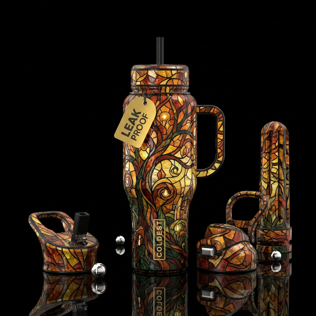Mosaic stained glass fall fantasy, luxurious, beau... water bottle design