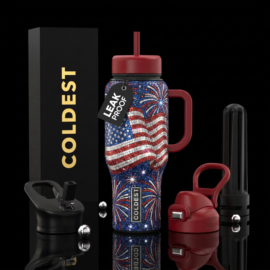 Mosaic patriotic flag and fireworks stylistic red ... water bottle design