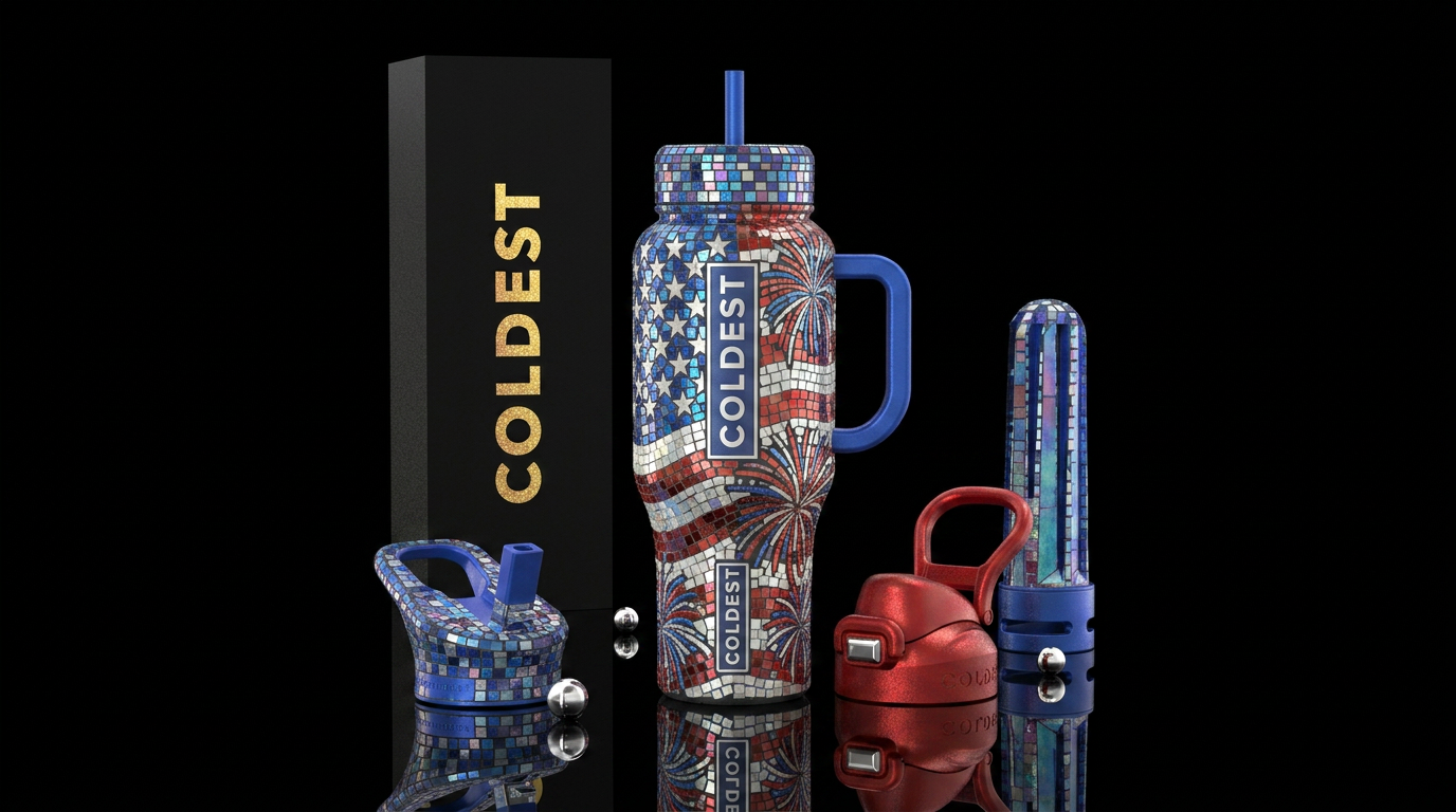 Mosaic patriotic flag and fireworks stylistic red ... water bottle design