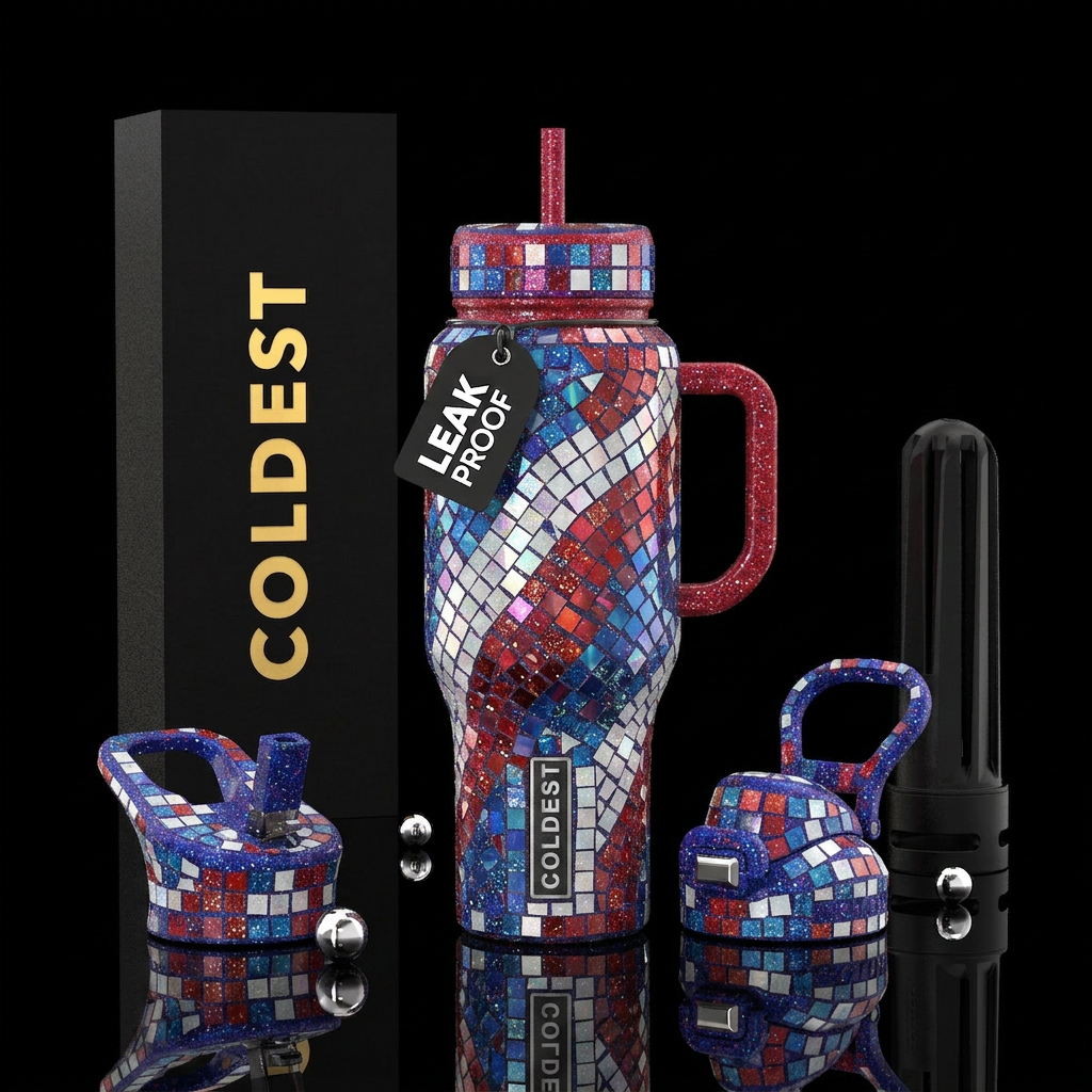 Mosaic patriotic red white and blue, shiny, sparkl... water bottle design