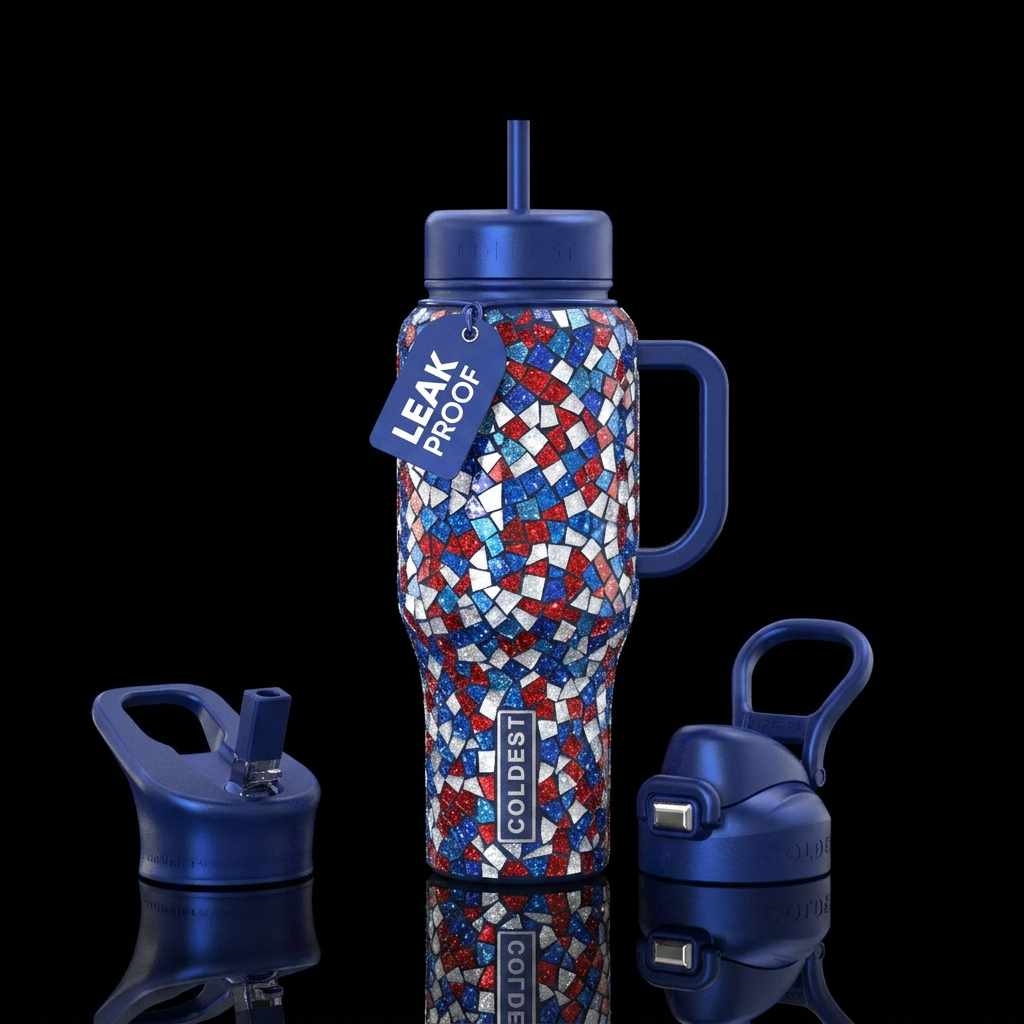 Mosaic patriotic red white and blue, shiny, sparkl... water bottle design